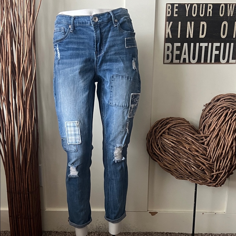 Seven7 Blue Distressed Patchwork Boyfriend Jeans